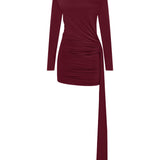 Bordo yüksek yaka uzun kollu drapeli mini elbise