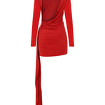 Kırmızı yüksek yaka uzun kollu drapeli mini elbise 