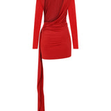 Kırmızı yüksek yaka uzun kollu drapeli mini elbise 