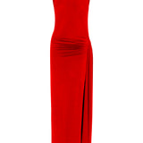 Kırmızı yüksek yaka kolsuz drapeli yırtmaçlı maxi elbise