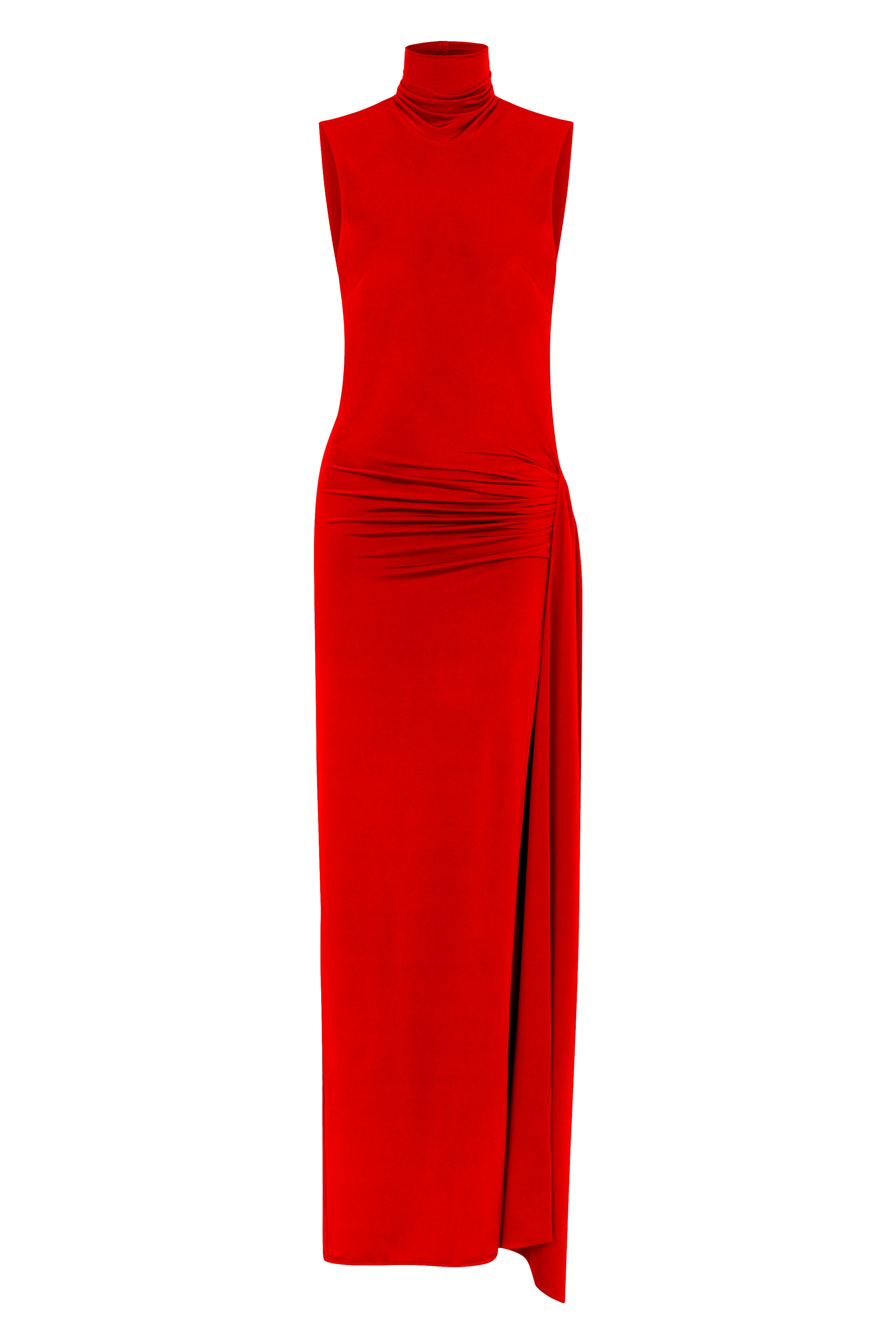 Kırmızı yüksek yaka kolsuz drapeli yırtmaçlı maxi elbise