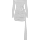 İnci yüksek yaka uzun kollu drapeli mini elbise 