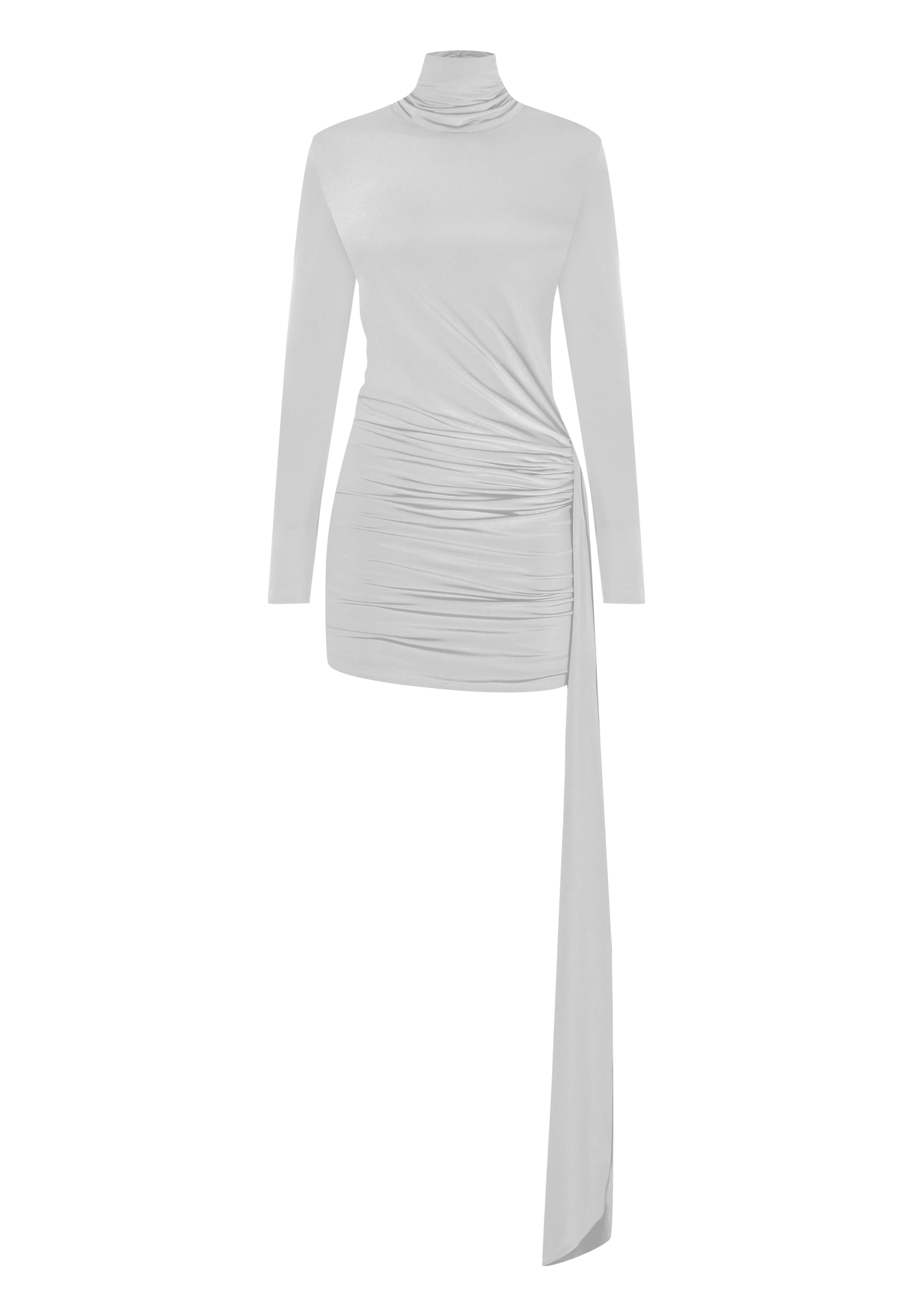 İnci yüksek yaka uzun kollu drapeli mini elbise 