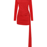 Kırmızı yüksek yaka uzun kollu drapeli mini elbise 