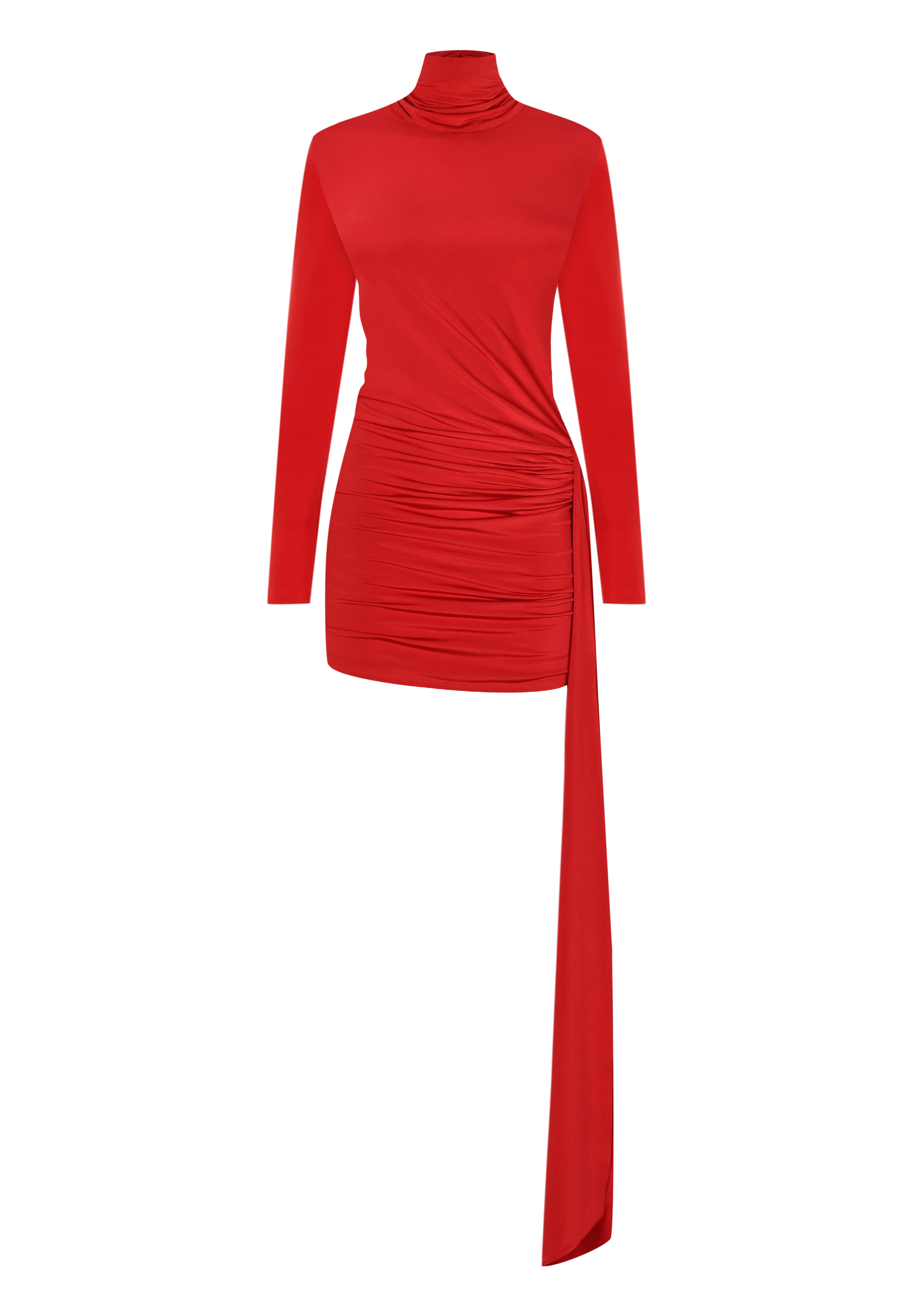 Kırmızı yüksek yaka uzun kollu drapeli mini elbise 