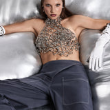 Halter yaka boncuklu handmade top