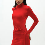 Kırmızı yüksek yaka uzun kollu drapeli mini elbise 