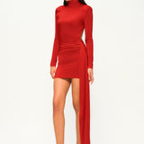 Kırmızı yüksek yaka uzun kollu drapeli mini elbise 