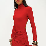 Kırmızı yüksek yaka uzun kollu drapeli mini elbise