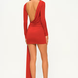Kırmızı yüksek yaka uzun kollu drapeli mini elbise 