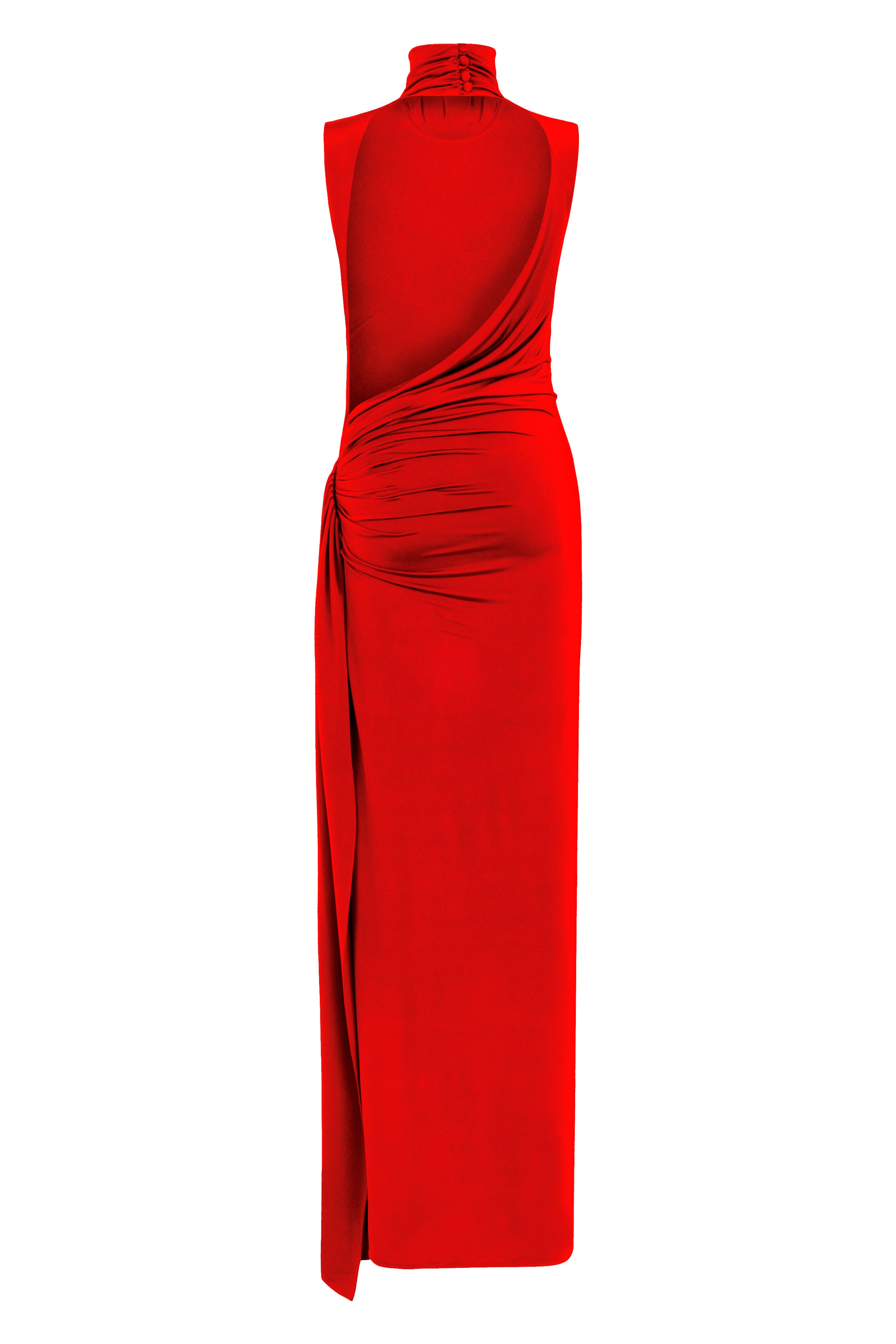 Kırmızı yüksek yaka kolsuz drapeli yırtmaçlı maxi elbise