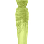Lime rengi ince askılı drapeli tül maxi elbise