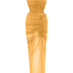 Mango rengi ince askılı drapeli tül maxi elbise