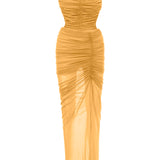 Mango rengi ince askılı drapeli tül maxi elbise