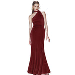  Bordo yüksek yaka sırt dekolteli uzun kuşak detaylı jarse maxi elbise