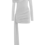 İnci tek omuz uzun kollu drapeli mini elbise