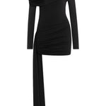 Siyah tek omuz uzun kollu drapeli mini elbise