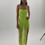 Lime rengi ince askılı drapeli tül maxi elbise