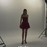 Khela bordo godet detaylı mini elbise