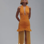 Turuncu çıkarılabilir tül detaylı drapeli mini elbise