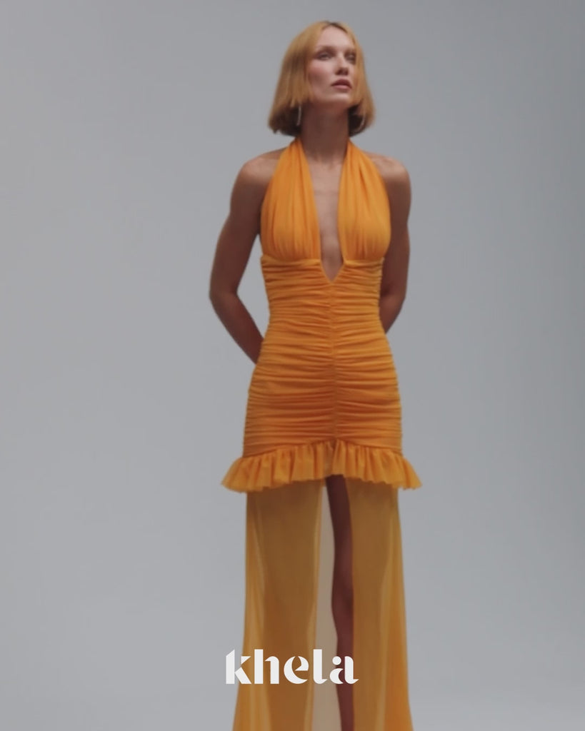 Turuncu çıkarılabilir tül detaylı drapeli mini elbise