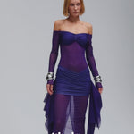 Mor kayık yaka transparan çıkarılabilir etekli allerli elbise