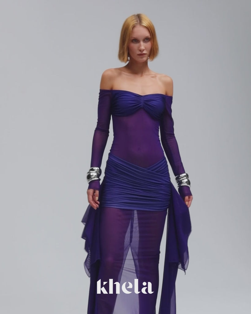 Mor kayık yaka transparan çıkarılabilir etekli allerli elbise