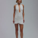 Beyaz çıkarılabilir tül detaylı drapeli mini elbise