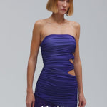 Mor büzgü detaylı bel dekolteli maksi straplez elbise