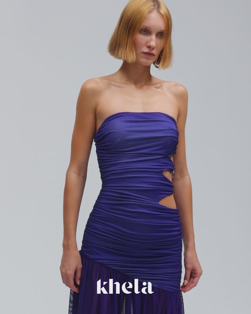 Mor büzgü detaylı bel dekolteli maksi straplez elbise