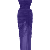  Mor ince askılı drapeli tül maxi elbise