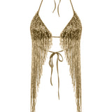 Altın rengi boncuklu halter yaka top