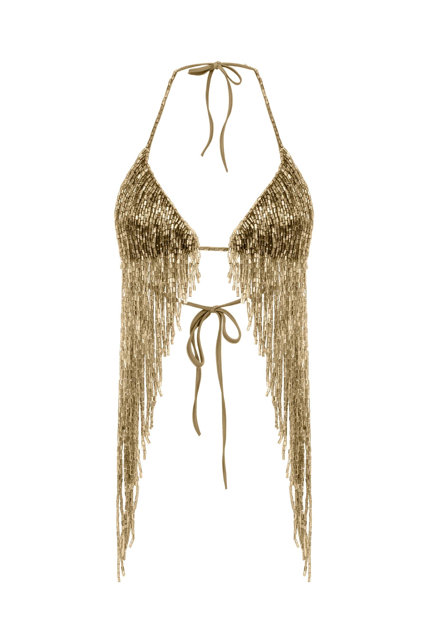 Altın rengi boncuklu halter yaka top