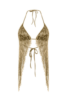 Altın rengi boncuklu halter yaka top