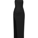 Siyah yüksek yaka drapeli derin yırtmaçlı maxi elbise