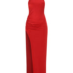 Kırmızı yüksek yaka drapeli derin yırtmaçlı maxi elbise