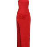 Kırmızı yüksek yaka drapeli derin yırtmaçlı maxi elbise