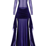 Mor kayık yaka transparan çıkarılabilir etekli allerli elbise