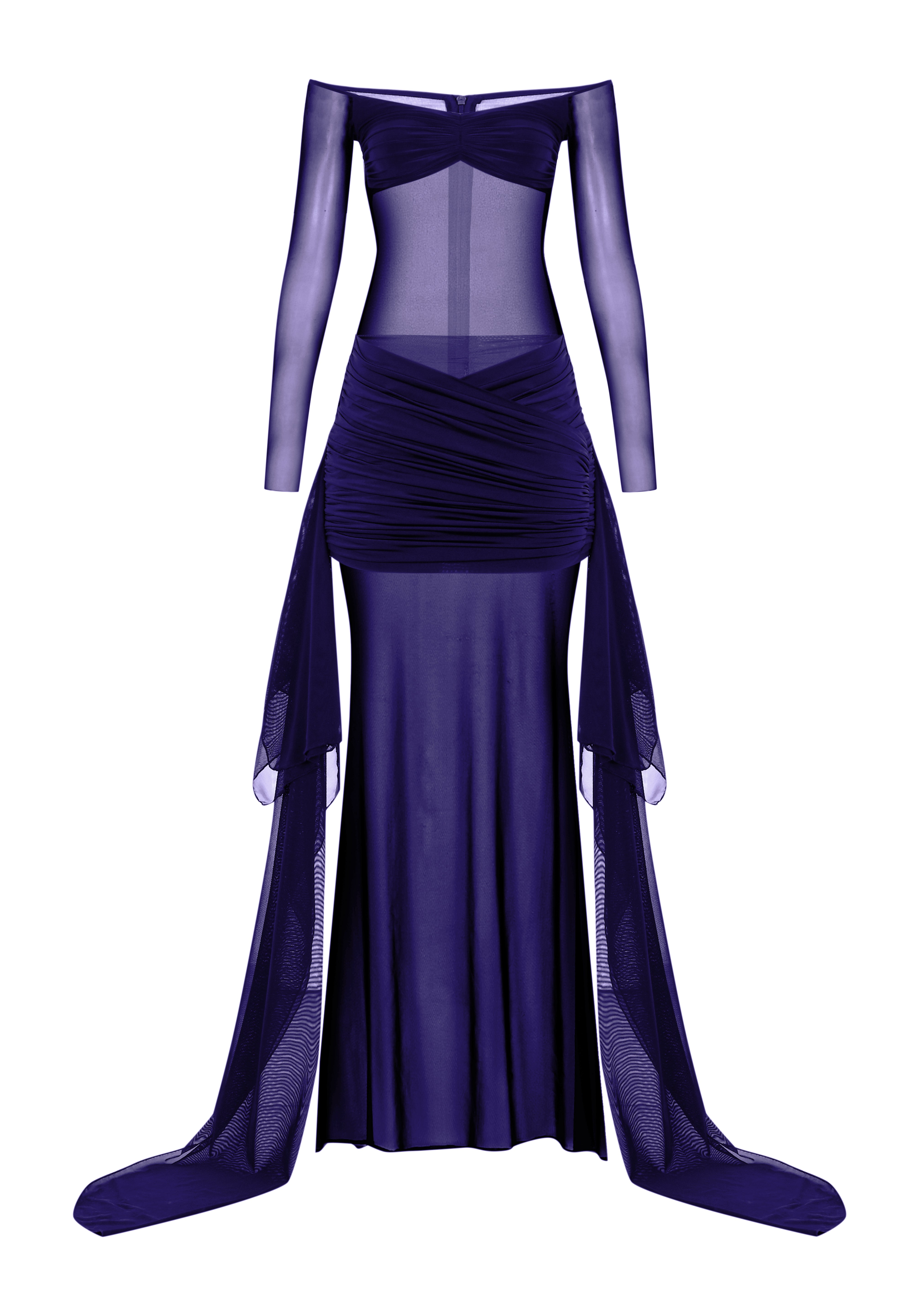 Mor kayık yaka transparan çıkarılabilir etekli allerli elbise