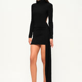 Siyah yüksek yaka uzun kollu drapeli mini elbise 