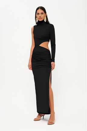Siyah yüksek yaka uzun kollu cut-out detaylı yırtmaçlı maxi elbise