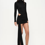 Siyah yüksek yaka uzun kollu drapeli mini elbise