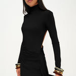 Siyah yüksek yaka uzun kollu drapeli mini elbise 