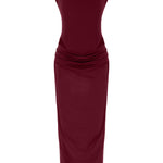 Bordo yüksek yaka kolsuz maxi elbise