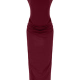 Bordo yüksek yaka kolsuz maxi elbise