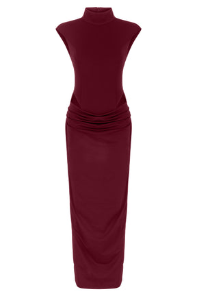 Bordo yüksek yaka kolsuz maxi elbise