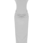 İnci yüksek yaka kolsuz maxi elbise