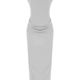 İnci yüksek yaka kolsuz maxi elbise