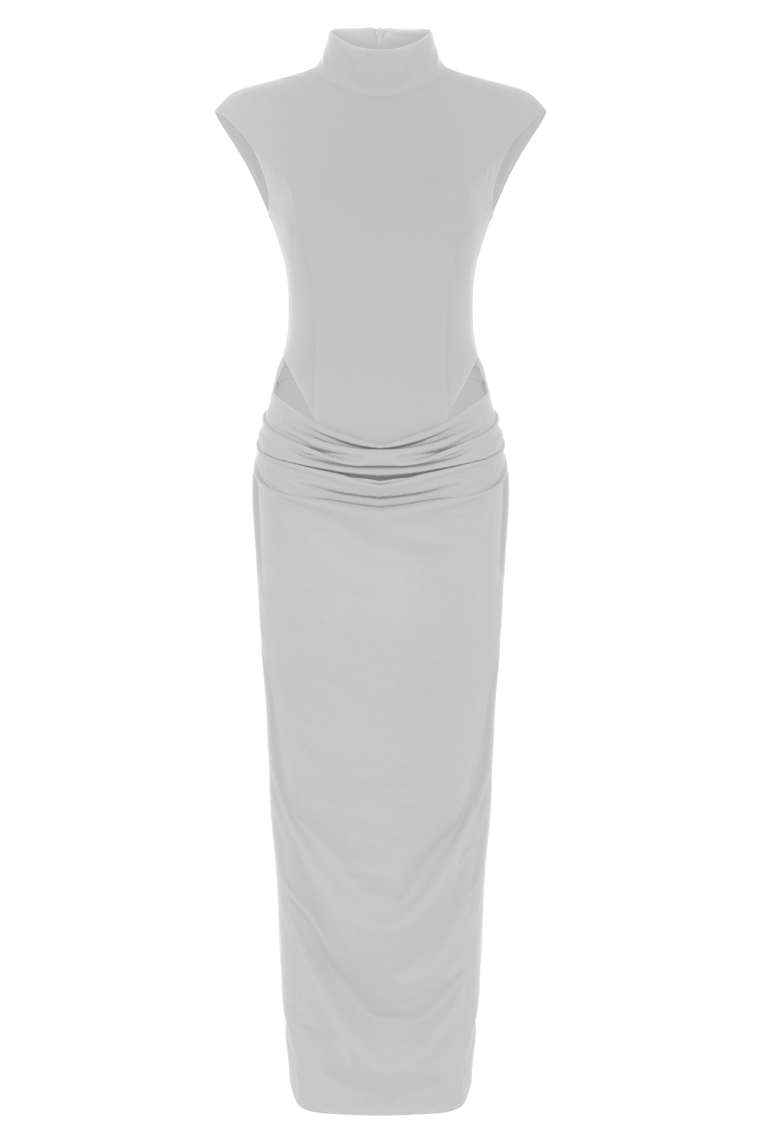 İnci yüksek yaka kolsuz maxi elbise