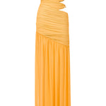 Mango rengi büzgü detaylı bel dekolteli maksi straplez elbise